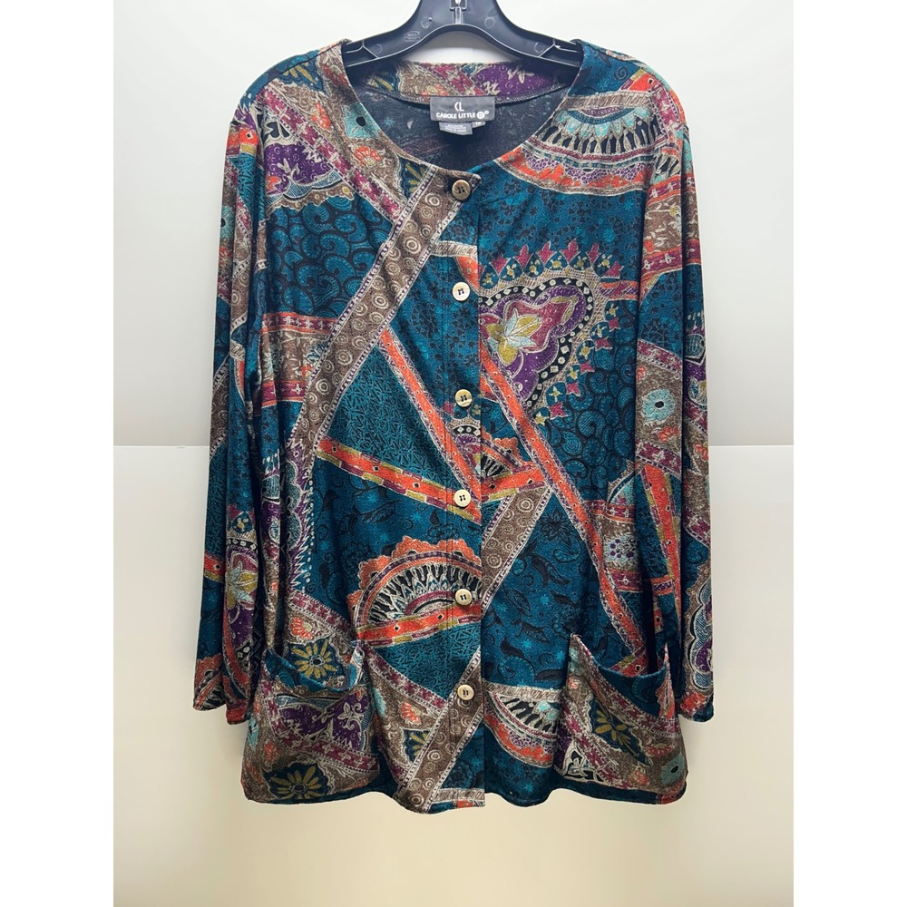 Carole Little II Womens 1X Multi-Color Paisley Geometric Button Front Cardigan